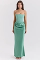 Detail of mint green strapless corset gown with satin draped skirt and elegant ruching - XS / Emerald Green