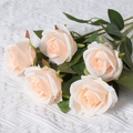 Set of five light orange artificial silk roses with green stems on white fabric - Champagne (Silk Version)