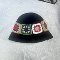 Handmade black crochet bucket hat featuring vintage floral knit patterns for women - M (56-58cm) / Flat Square Patchwork Black Basin Hat