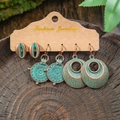 Vintage 3-piece bohemian earring set with turquoise verdigris finish and geometric patterns - Oval Shell Mandala Ring Style (HQEF-0068)