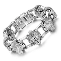 Men's polished stainless steel wolf head bracelet with a heavy bike chain design - Lion Head Shiny Silver Style (KB73542-BD)