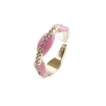 Close-up of pink enamel heart ring with gold twisted band and clear zircon stones - Adjustable / Pink