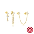 S925 sterling silver gold ear piercing set with cubic zirconia and chain tassels - 3Pcs Set - Gold #3 / 925 Silver