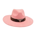 Pink wide brim western cowboy hat with silver bull head metal ornament and leather band - Dusty Pink