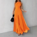Elegant sleeveless halter long dress in bright orange with a side slit and flowing hem - S / Orange