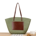 Green woven straw tote bag with brown leather pocket for casual summer beach vacation - Army Green