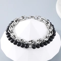 Bracelet double couche pour homme avec chaîne en acier et perles d'onyx noir - Couleur Acier (KB185326-Z)