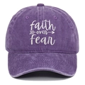Macro detail of 'faith over fear' white embroidery on purple washed cotton baseball cap - Adjustable / Purple