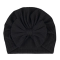 Close-up of black ribbed knit baby turban featuring a large decorative soft bow - Black