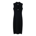 Chic black sleeveless maxi dress with cutout detail and crystal buttons on white background - S / Black