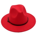 Detailed view of a classic red wool fedora hat with a black leather buckle band - L / Red
