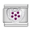 Silver modular Italian charm link featuring heart shape with five purple gemstones - Silver Diamond Surface Style (1436)