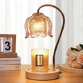 Pink bud glass candle warmer lamp with wooden base and golden curved metal stand - Champagne Gold + Log Color Base / Knob Dimming / US Plug