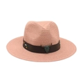 Chapeau fedora en paille rose style bohème avec broderie florale et ornement de tête de bœuf - Rose racine de lotus