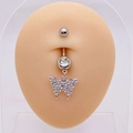 Silver butterfly belly ring with sparkling crystals shown on a skin-tone silicone model - Silver Rhinestone Butterfly