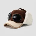Brown corduroy kids pilot hat with goggles and white sherpa earflaps in variant style - 52cm (2-5 Years) / Color Block Goggles-Coffee