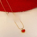 Elegant gold chain necklace with red heart pendant in a vintage French style setting - Necklace - Gold - Titanium Steel Red Heart