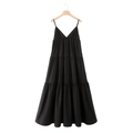 Robe midi noire en coton à col en V avec fines bretelles et ourlet à plusieurs niveaux - XS / Noir