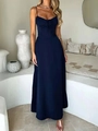 Detail of navy blue camisole dress featuring elegant drawstring bow and pleated bodice - Dark Blue