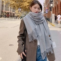 Close-up of a grey wool knit scarf with fringe details worn by a model in a street setting - Gray