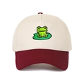 Close-up of a two-tone baseball cap with green frog embroidery and a burgundy brim - Off-White and Wine Red