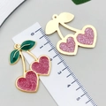 Pink glitter cherry pendant for DIY jewelry making with gold-tone metal and green leaves - 1Pc Purple Glitter Heart Large Cherry (33x28mm)