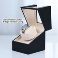 Single watch winder with black ostrich grain leather exterior and beige velvet lining - 1+0 Ostrich Pattern Rice Inner (Mini)