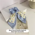 Chouchou à double nœud papillon à fleurs bleues avec de longs rubans pour femmes - A1-5# Bleu - Nœud Floral