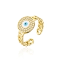 Adjustable golden evil eye chain ring with blue enamel and sparkling cubic zirconia stones - Light Blue Evil Eye Style (11921)