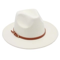 Close-up of beige wool felt fedora featuring a brown leather belt buckle and gold metal pin - M (56-58cm) / Off White