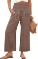 Vue détaillée du pantalon marron à taille haute et jambe large avec texture froissée et élastique - S / Brun