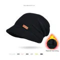 Women's black knit visor beanie with thermal fleece lining and a brown leather tag - Black