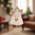 Christmas angel ornament with cream faux fur skirt, gold sequin wings and star details - White Angel