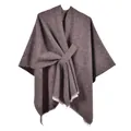 Women's brown knit shawl poncho with elegant front cross buckle and fringed hem design - White Fringe with Stripe / Coffee