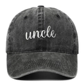Macro detail of Uncle white embroidery on vintage washed black denim baseball cap - Adjustable / Uncle / Black