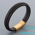 Men's dark brown woven leather bracelet with golden magnetic clasp and white stitching - Brown Leather Gold Clasp (KB205356-JR)