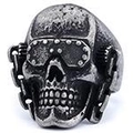 Front view of a punk rock skull ring with goggle and rivet details in retro finish - 22108
