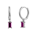 Detail view of rectangular ruby pink zircon drop earrings with silver hoop fasteners - Silver + Ruby Zircon