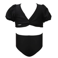 Two-piece black girl's bikini set with retro puff sleeves and high-waisted shorts - 104 / Black Puff Sleeve Bikini Set
