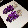Macro detail of purple grape-shaped earrings with gold leaves and shimmering zircons - 39# Silver Pin Gold Purple Grape Cluster Dangles