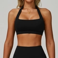 Schwarzer Halter-Yoga-BH mit quadratischem Ausschnitt und elastischem Funktionsstoff - S / Premium Schwarz