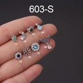Set di 8 piercing per cartilagine in acciaio con ciondoli in zircone colorato, mod. 603-S - Stile Ragno (3#) / Argento