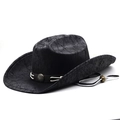 Classic black suede western cowboy hat with vintage cracked texture and chin strap - Black Distressed Style (03)