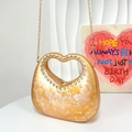 Orange marble textured heart handbag with rhinestone handle and gold chain strap - Ginger Yellow