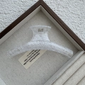 Detail of translucent lace mesh hair claw clip with intricate white grid textures - Linear / White
