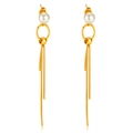 Elegant gold long fringe tassel earrings with round white pearls in a minimalist design - Artificial Pearl Ring Tassel Style (GE924)