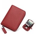 Dark red lychee leather accordion card wallet with RFID protection and secure zipper - JP-6003 Style / Burgundy