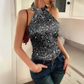 Elegantes Neckholder-Top mit schwarzen und silbernen Pailletten, rückenfrei für Damen - Schwarz