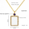 Detail of 18K gold plated square necklace with blue sapphire and natural shell - September Blue Sapphire Style (ZN703G-09)