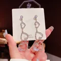 Elegant S925 silver needle dangling earrings with tiered diamond-encrusted heart charms - Silver Heart Link Tassel (E0330)